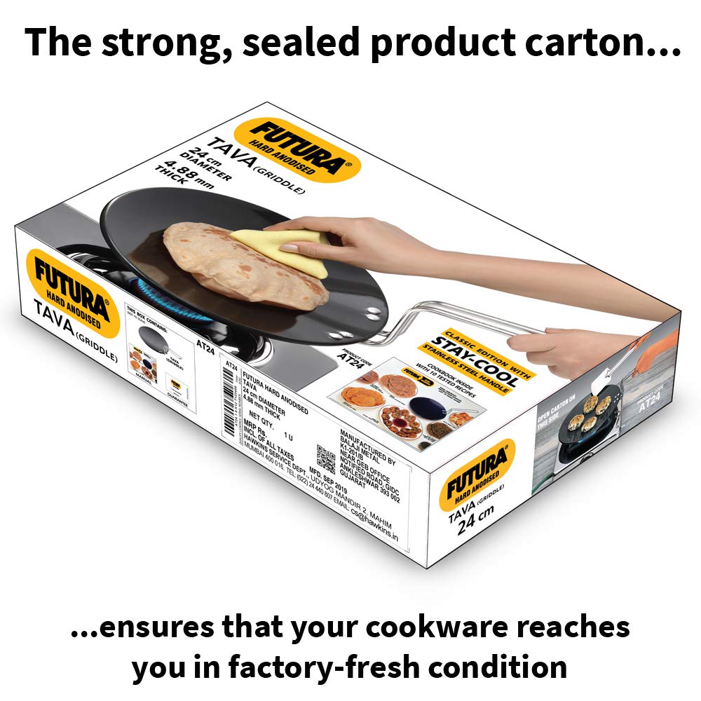 Hawkins Futura 24 cm Tava, Hard Anodised Tawa with Stainless Steel Handle, Black (AT24)