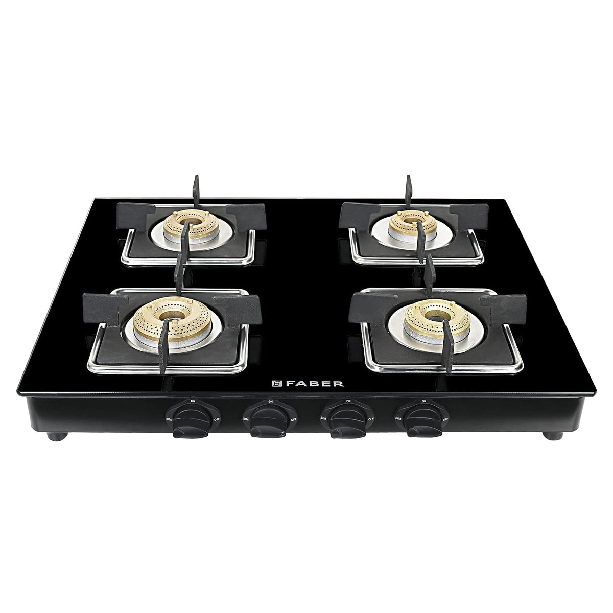 Faber Glass Top 4 Burner Gas Stove (Hob Cooktop Pearl 4BB BK) with Jumbo Burner, Diamond Coated Pan Support, Manual Igni