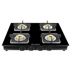 Faber Glass Top 4 Burner Gas Stove (Hob Cooktop Pearl 4BB BK) with Jumbo Burner, Diamond Coated Pan Support, Manual Igni