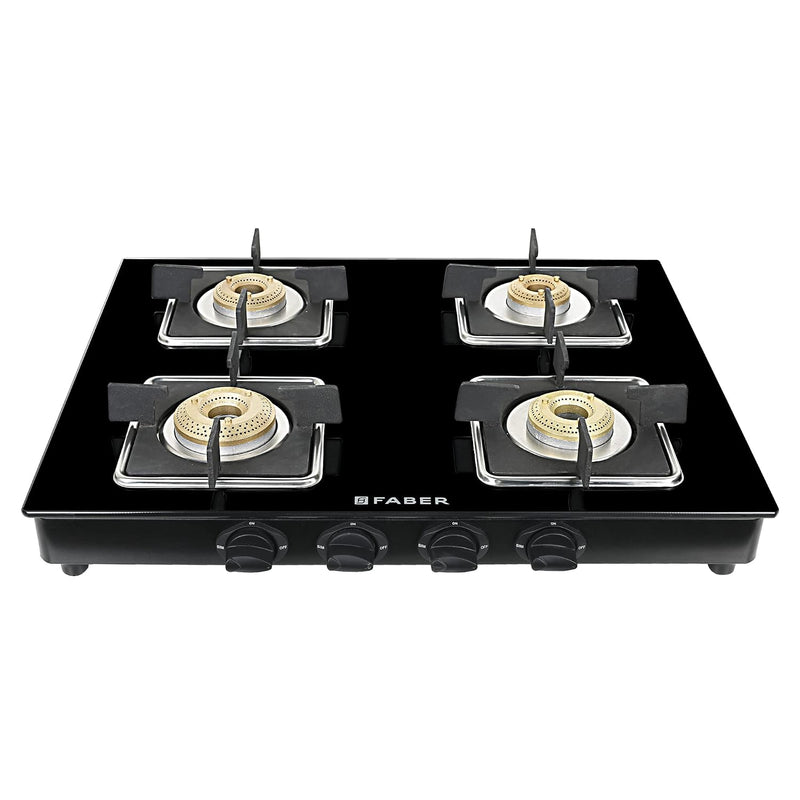Faber Glass Top 4 Burner Gas Stove (Hob Cooktop Pearl 4BB BK) with Jumbo Burner, Diamond Coated Pan Support, Manual Igni