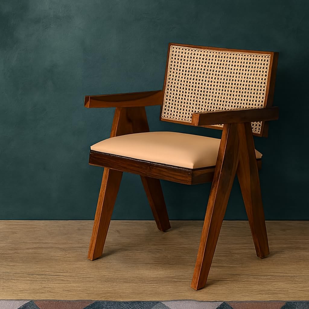 Sheesham Wood Cane Chair for Living Room | Mid-Century Accent Armchair with Handwoven Rattan Back & Seat | Wood