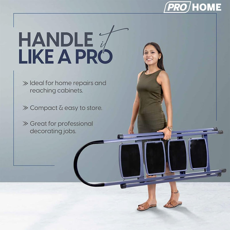 PROHOME Steel Ladder for Home 4 Steps Foldable with Anti-Skid Wide Steps (30cm x 20cm) | 4 Step Ladder for Home Use with D-Shape Rods | Secure Lock | 150 Kg Capacity Folding Ladder | 5 Year Warranty