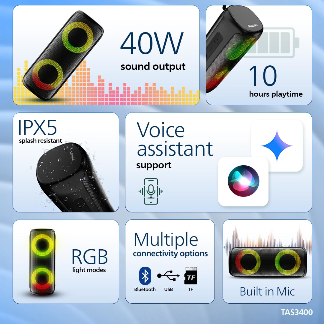 Philips TAS3400BK Portable Bluetooth Speaker with 40W Output, 4000mAh Battery, Stereo Sound, Bluetooth v5.3