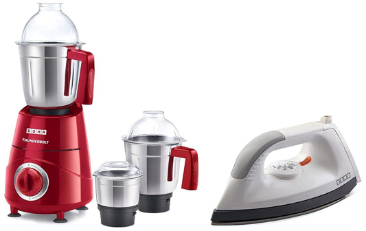 USHA Thunderbolt 800-Watt Copper Motor Mixer Grinder with 3 Jars and 5 Years Motor Warranty(Red) & USHA EI 1602 1000 W Lightweight Dry Iron with Non-Stick Soleplate (Multi-colour)