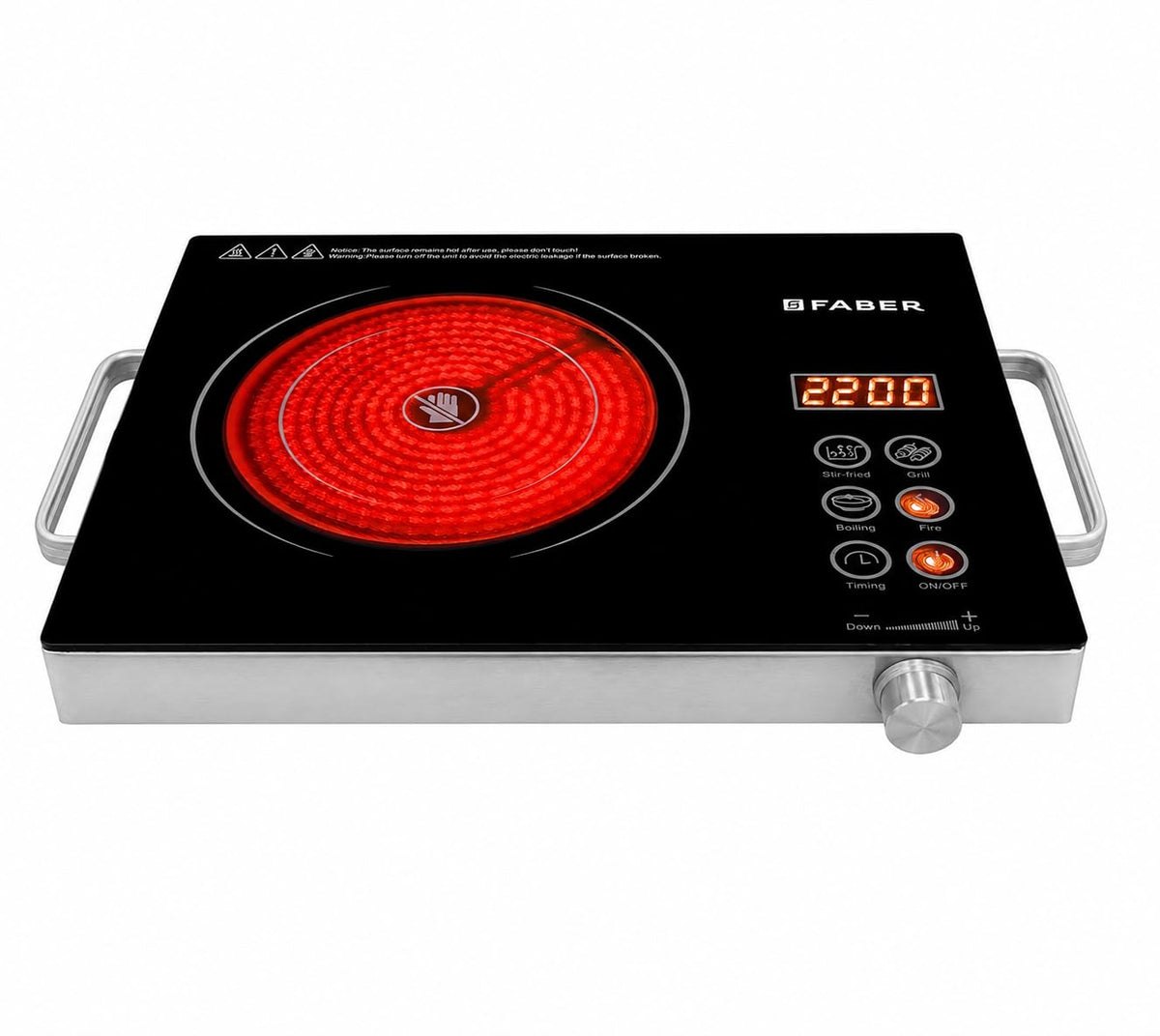Faber 2200W Infrared Cooktop Stove| High Gloss Glass Finish| Digital Display| 4 Preset Cooking Modes| Touch Control| SS 