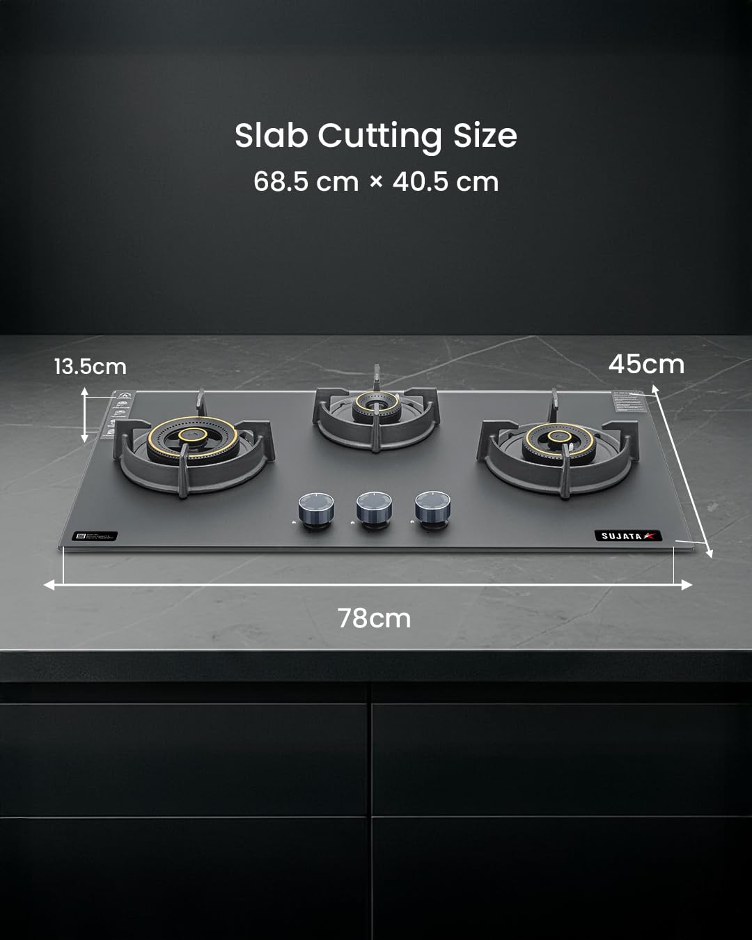 Sujata 3 Burner Gas Stove Glass Top | 5 Years Warranty | Auto Ignition Gas Stove 3 Burner, CookTop cum Hob Top 3 Burners, LPG & PNG Compatible, Brass Burner (Palladium FFD Auto Ignition - Black)