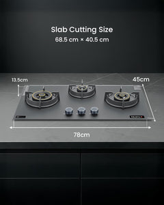 Sujata 3 Burner Gas Stove Glass Top | 5 Years Warranty | Auto Ignition Gas Stove 3 Burner, CookTop cum Hob Top 3 Burners, LPG & PNG Compatible, Brass Burner (Palladium FFD Auto Ignition - Black)