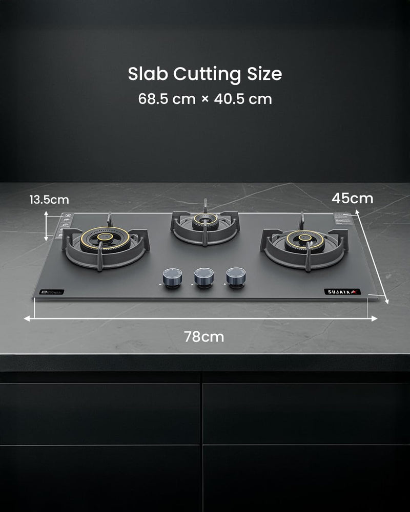 Sujata 3 Burner Gas Stove Glass Top | 5 Years Warranty | Auto Ignition Gas Stove 3 Burner, CookTop cum Hob Top 3 Burners, LPG & PNG Compatible, Brass Burner (Palladium FFD Auto Ignition - Black)
