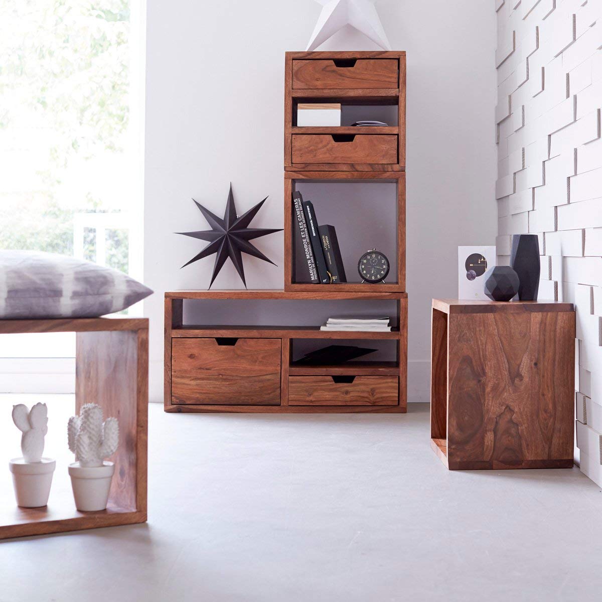 Kwarto Solid sheesham Cube 3 Drawers Sheesham Wood Bedside Table with 3 Drawers Storage