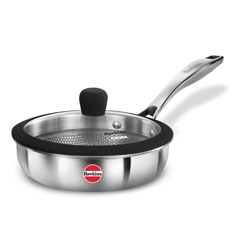 Hawkins Pro 18 cm Shielded Nonstick Triply Frying Pan, Fry Pan with Stainless Steel Handle and Glass Lid, Silver (PSNF18G)