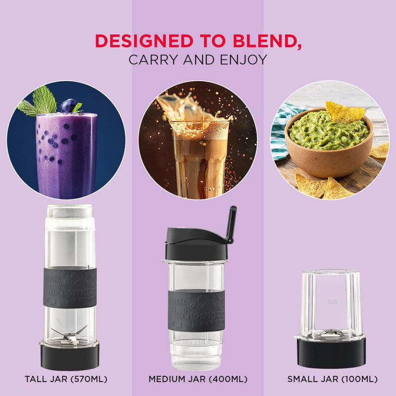 Sujata Nutromatic 600 Watt Electric Blender | Personal Blender for Smoothies, Juices & Nutritious Drinks with 3 Multipurpose Jars Including Travel Jar