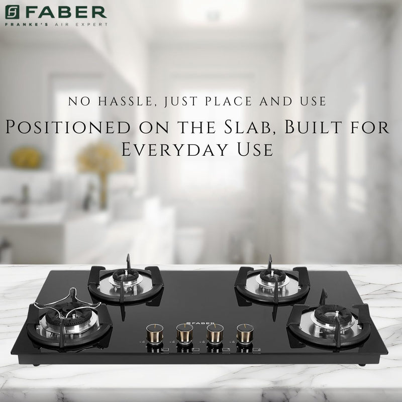 Faber Hob 90 cm 4 Burner|Auto-Ignition|Spillage Proof|Brass Burners|Metal Knobs|Pan Support|2yrs on Burner,5 Yrs Warrant