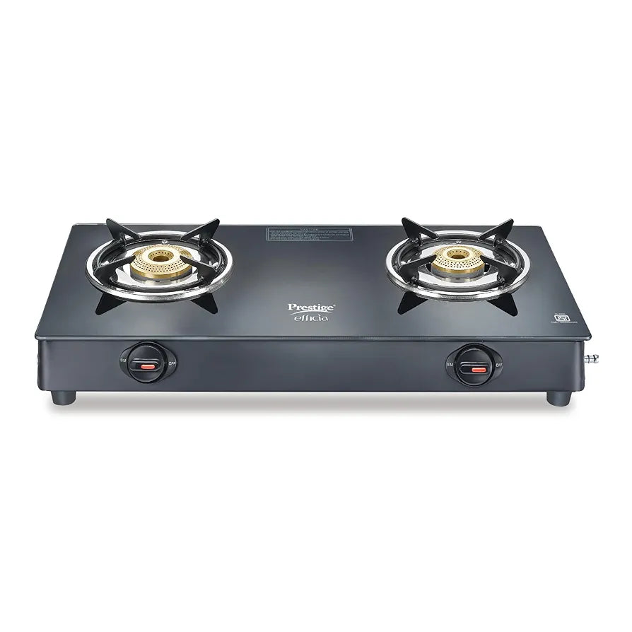 Prestige Efficia LP Open Gas Stove with Powder-Coated Body, Glass Top & 2 Brass Burners