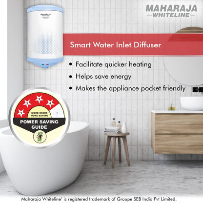 Maharaja Whiteline Warmist Neo Storage Wall Mount Water Heater,25 Litre,Glasslined Coating,Rust&Shock Proof Abs Body,Blue&White Color,Free Installation,Free Connection Pipes - Warmist Neo/Wh-166