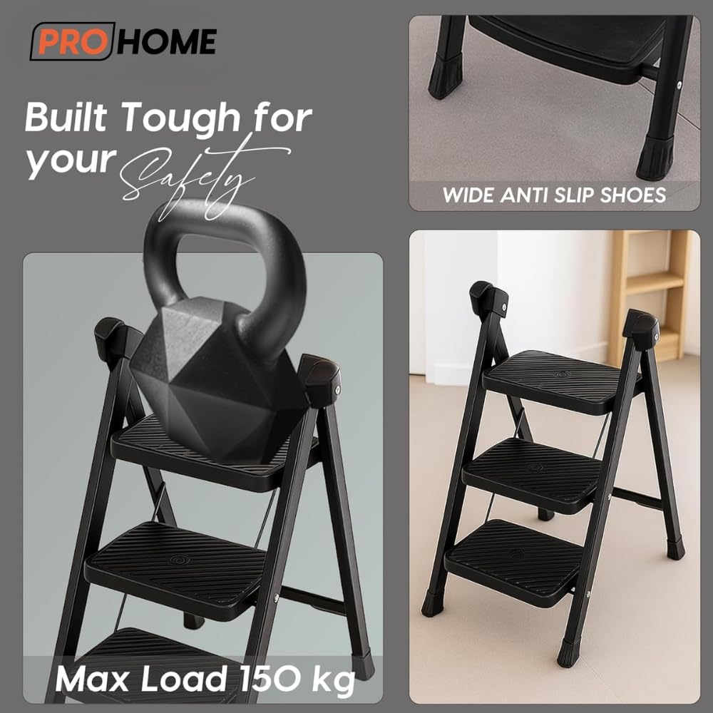 PROHOME Steel Ladder for Home 3 Steps Foldable with Anti-Skid Wide Steps (30cm x 20cm) | 3 Step Ladder for Home Use with D-Shape Rods | Secure Lock | 170 Kg Capacity Folding Ladder | 5 Year Warranty