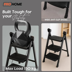 PROHOME Steel Ladder for Home 3 Steps Foldable with Anti-Skid Wide Steps (30cm x 20cm) | 3 Step Ladder for Home Use with D-Shape Rods | Secure Lock | 170 Kg Capacity Folding Ladder | 5 Year Warranty