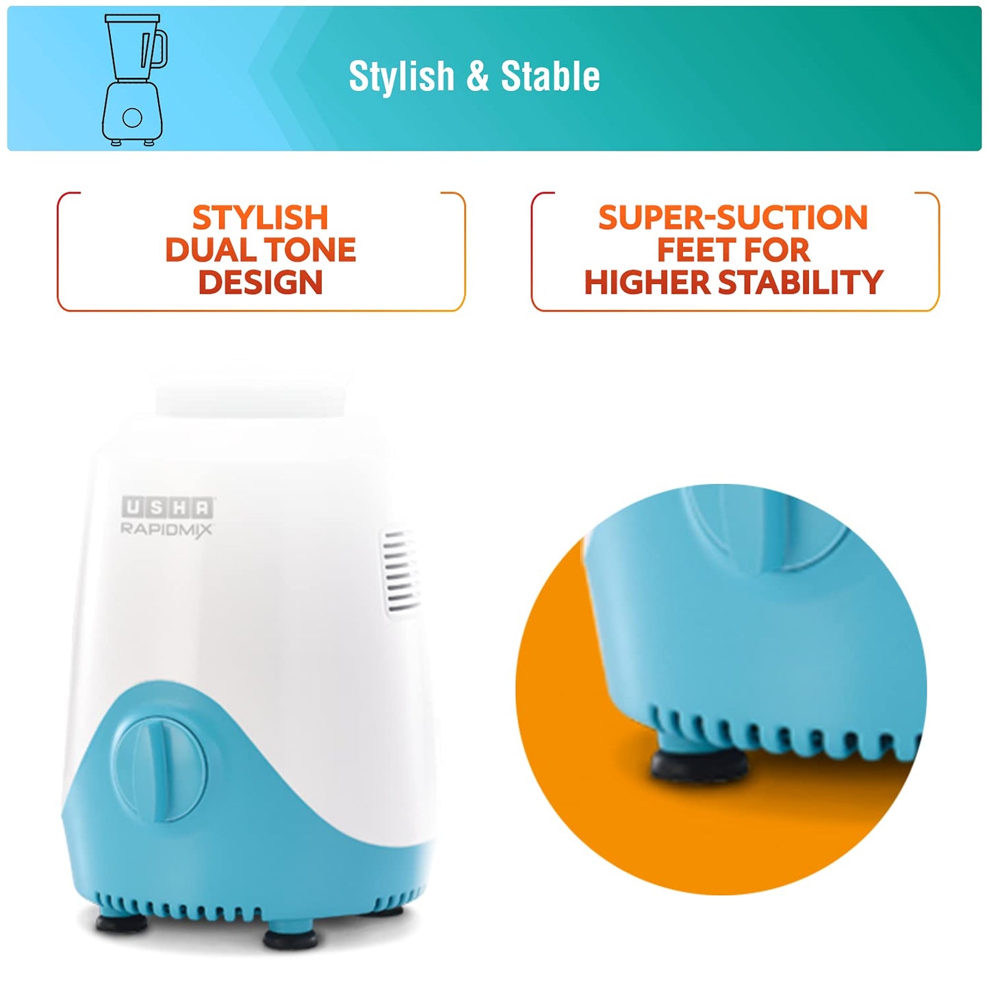 USHA Rapidmix 500-Watt Copper Motor Mixer Grinder With 3 Jars And 2 Years Product Warranty & 5 Years Motor Warranty (Sea Green/White), 500 Watt