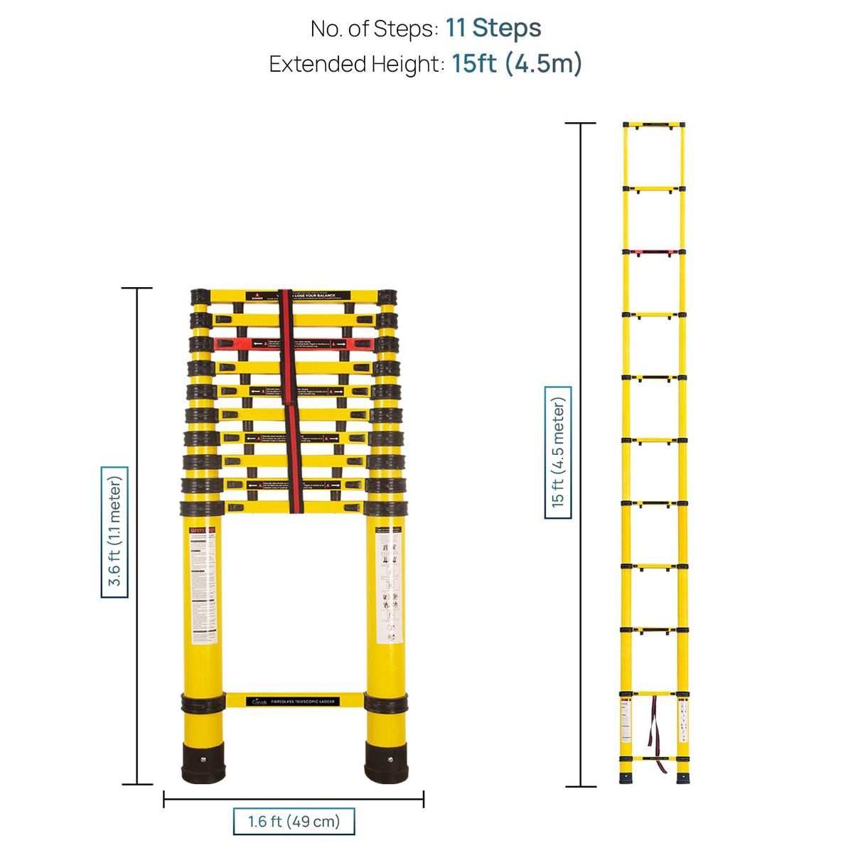 Corvids 4.5m (15 Feet) Portable & Compact Heavy-Duty FRP Telescopic Ladder with 11 Steps | Shockproof & Non-Conductive | Collapsible Multipurpose Ladder for Home, Industrial & Outdoor Use