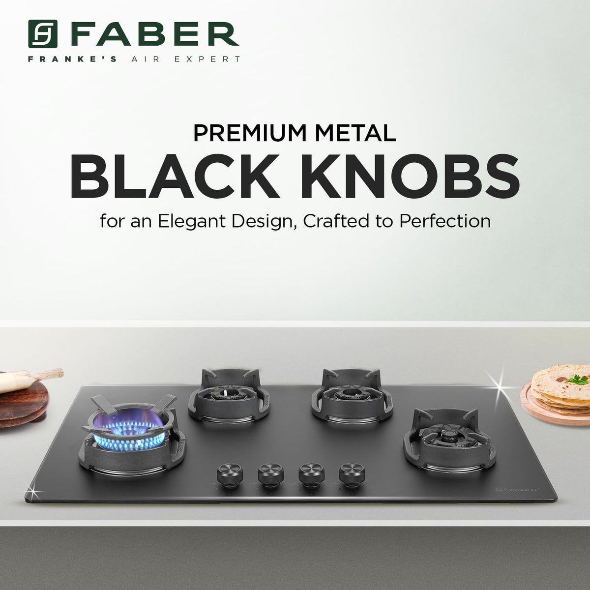Faber Della 4 Burner 90cm Hob With Auto-Ignition, Brass Burner, Cast Iron Pan Support, Cooktop Hybrid, Matt Black Glass 