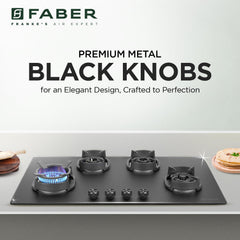 Faber Della 4 Burner 90cm Hob With Auto-Ignition, Brass Burner, Cast Iron Pan Support, Cooktop Hybrid, Matt Black Glass 