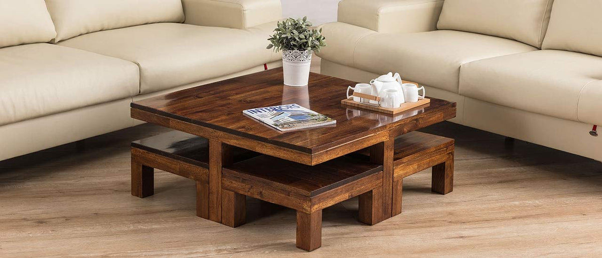 Solid Wood Coffee Table Set | Dreamer Solid Wood Coffee Table with 4 Stools (Finish Color - Teak