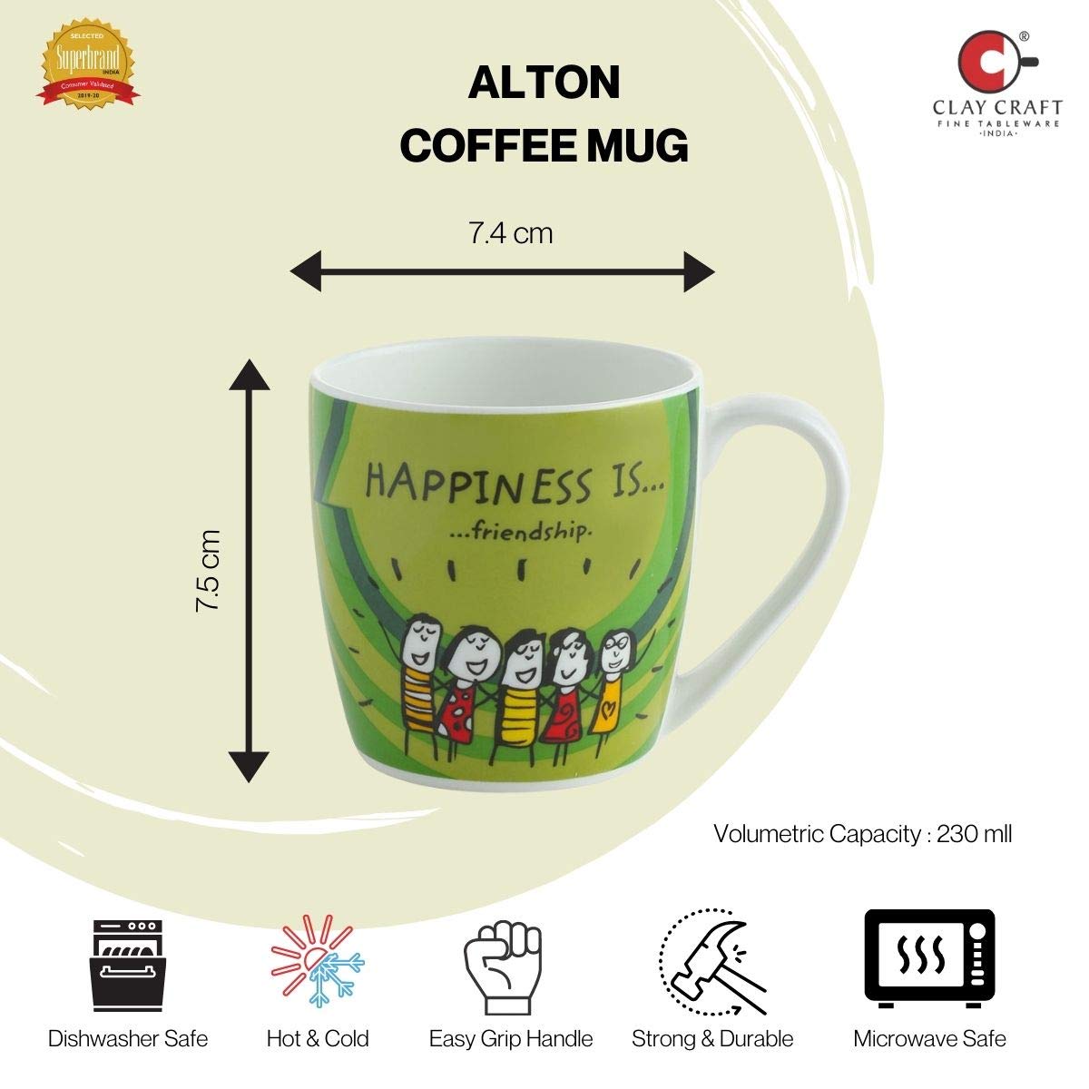 Clay Craft - Happiness is Ceramic Coffee Mugs Alton, Set of 4, 240ml Happiness is, Wonderful Friends Bone China Milk Mug, 350 ml, Multicolour