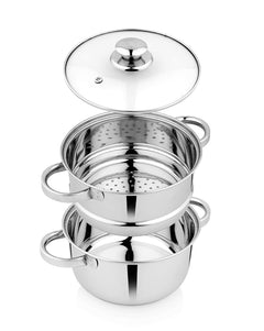Pigeon by Stovekraft Steel X Steamer Stainless Steel Induction Base, Modak Maker/Momo Maker, Dual Compartment With Glass