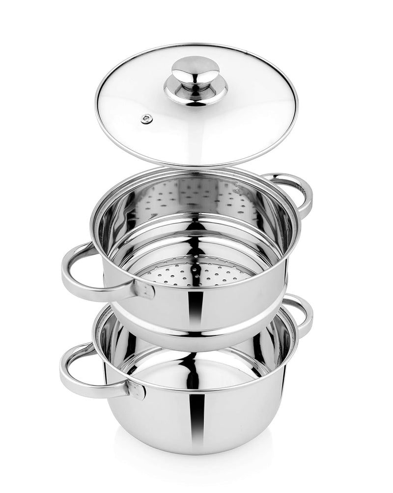 Pigeon by Stovekraft Steel X Steamer Stainless Steel Induction Base, Modak Maker/Momo Maker, Dual Compartment With Glass