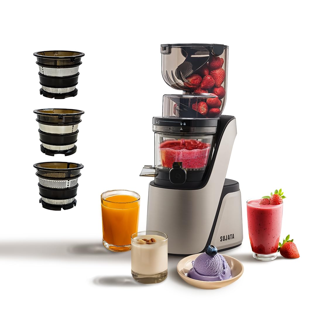 Sujata Cold Pressed Slow Juicer SJ01 | Ideal for Fruit, Vegetable Juices, Nut Milks, Smoothies & Frozen Desserts | Dual Feeding Chute | Reverse Function | Magnetic Safety Lock