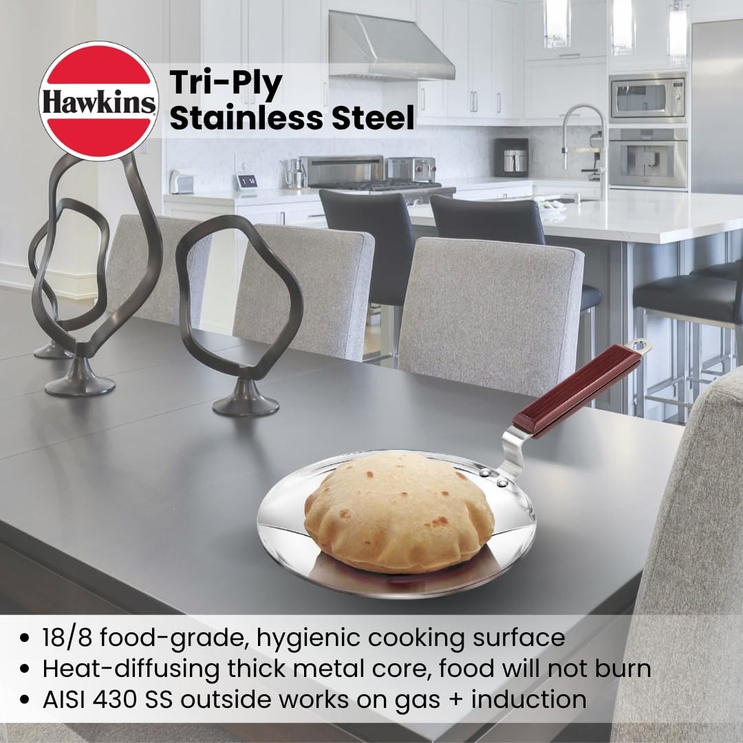 Hawkins 24 cm Tava, Triply Stainless Steel Tawa with Stainless Steel Handle, Induction Tawa, Silver (SSTV24)