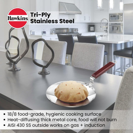 Hawkins 24 cm Tava, Triply Stainless Steel Tawa with Stainless Steel Handle, Induction Tawa, Silver (SSTV24)