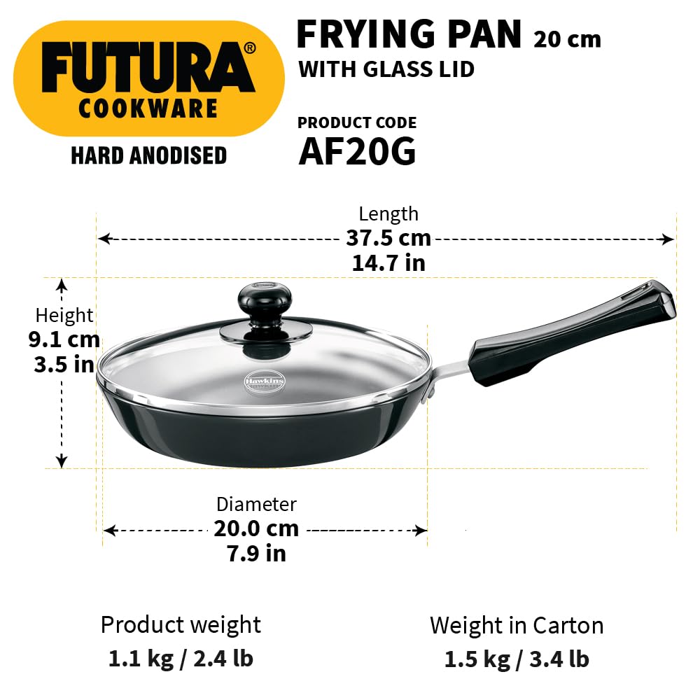 Hawkins Futura 20 cm Frying Pan, Hard Anodised Fry Pan with Glass Lid, Small Frying Pan, Black (AF20G)