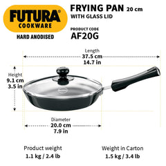 Hawkins Futura 20 cm Frying Pan, Hard Anodised Fry Pan with Glass Lid, Small Frying Pan, Black (AF20G)