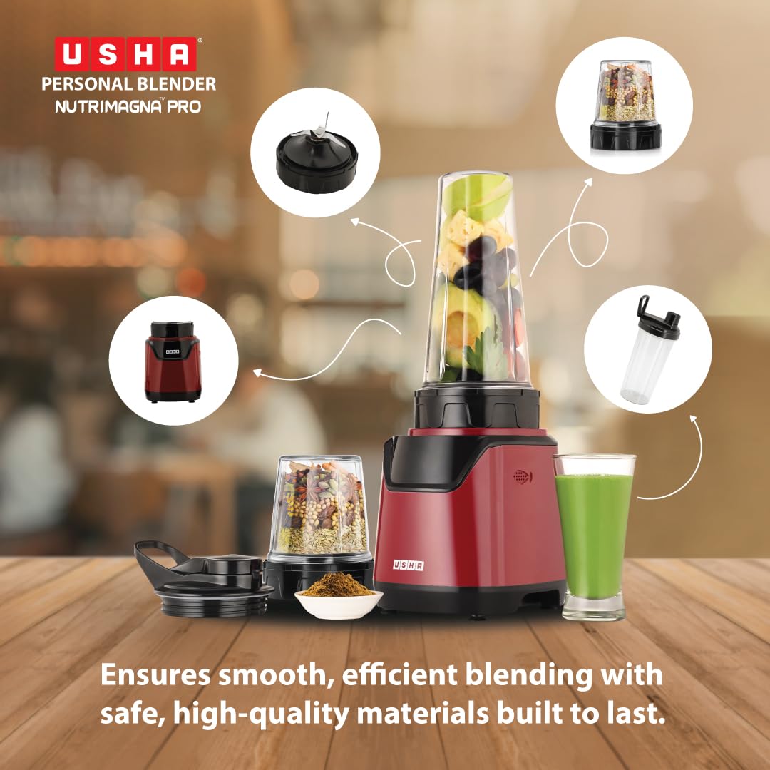 USHA Blender Nutrimagna Pro | 600W |On the Go Blender| Stainless steel blades| Spill proof spout and store lid | 2 blade assembly | Maroon