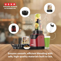 USHA Blender Nutrimagna Pro | 600W |On the Go Blender| Stainless steel blades| Spill proof spout and store lid | 2 blade assembly | Maroon