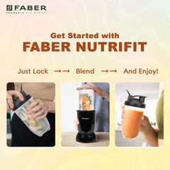 Faber 550W Sportz Blender FSB 5-in-1 Nutrifit Nero|100% Copper Motor|Detachable SS Blade|5 PC Jars 1L+500ML+500ML Mug+30