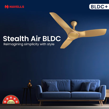 Havells 1200mm Stealth Air BLDC Motor Ceiling Fan | Remote Controlled, High Air Delivery Fan | 5 Star Rated, Upto 60% Energy Saving, 2 Year Brand Warranty | (Pack of 1, Champagne)