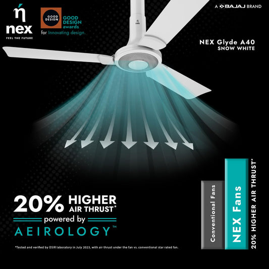 NNEX by BAJAJ Glyde A40 1200 MM | BEE 2 Star Rated Premium Ceiling Fan | 20% Higher Air Thrust* | Airfluence™ Al Blades | Adjustable Downrod | 2-Yr Warranty 【Snow White】