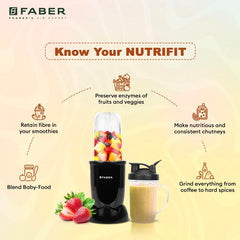 Faber 550W Sportz Blender FSB 5-in-1 Nutrifit Nero|100% Copper Motor|Detachable SS Blade|5 PC Jars 1L+500ML+500ML Mug+30