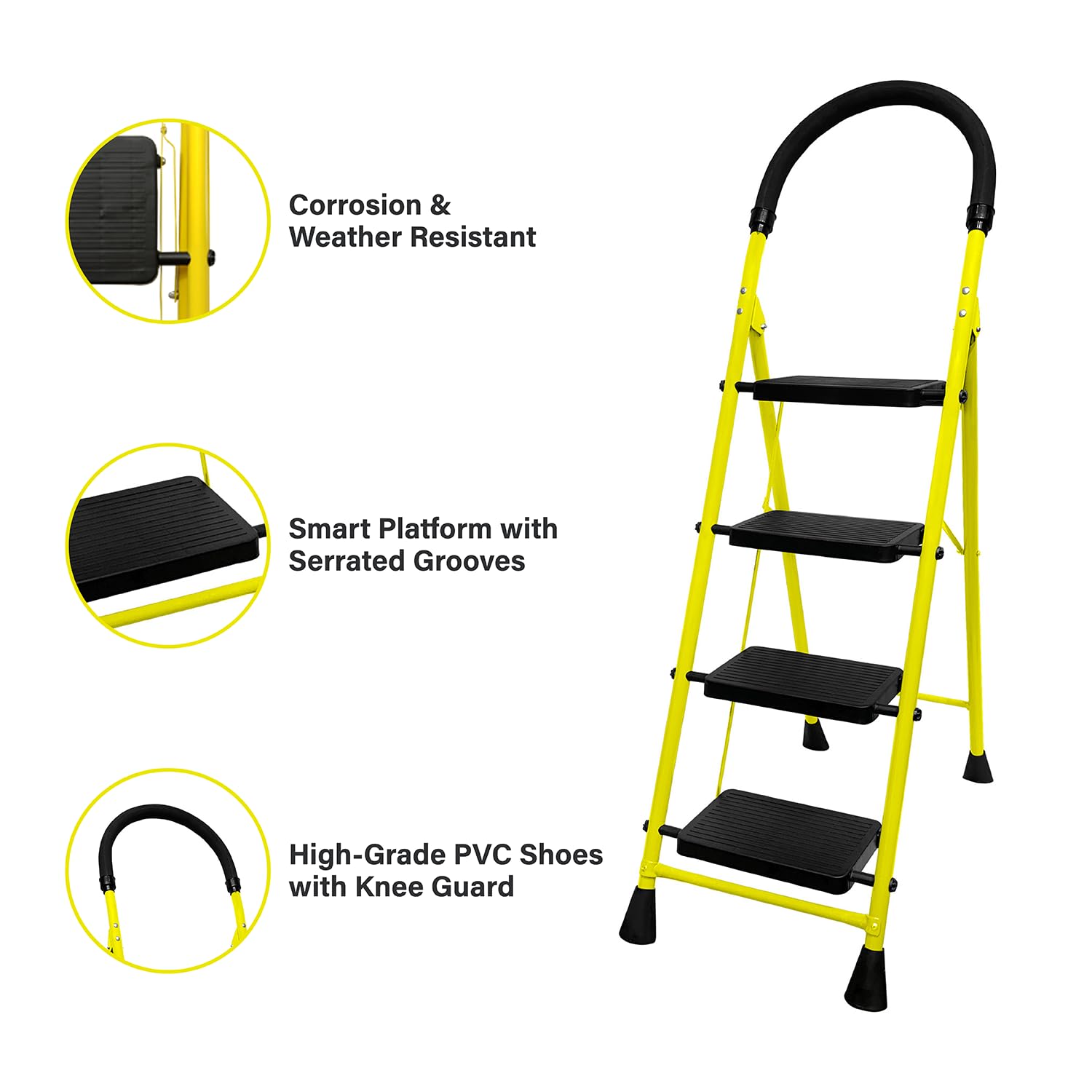 BonKaso Mild Steel Multipurpose Climb Swift 4-Step Foldable Ladder with Safety Clutch Lock, Load Capacity Upto 120kg – Anti-Slip Designed for Indoor & Outdoor Use (Yellow & Black)