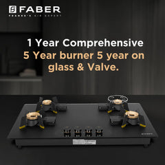 Faber Liftable Burners Hob - 90cm Black Glass| Auto Ignition| FFD| Cast Iron Pan Support| Premium Knobs| 2Yr Comprehensi