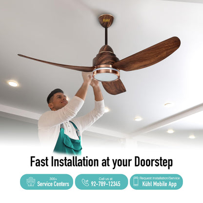 KUHL Luxus C3 1320 mm Stylish 65% Power Saving BLDC Ceiling Fan with Remote | Night & Down Light | 29W | BEE 5 Star | Low Noise | IoT –Operate via Mobile & Alexa | Reverse Mode|Free Installation|Teak