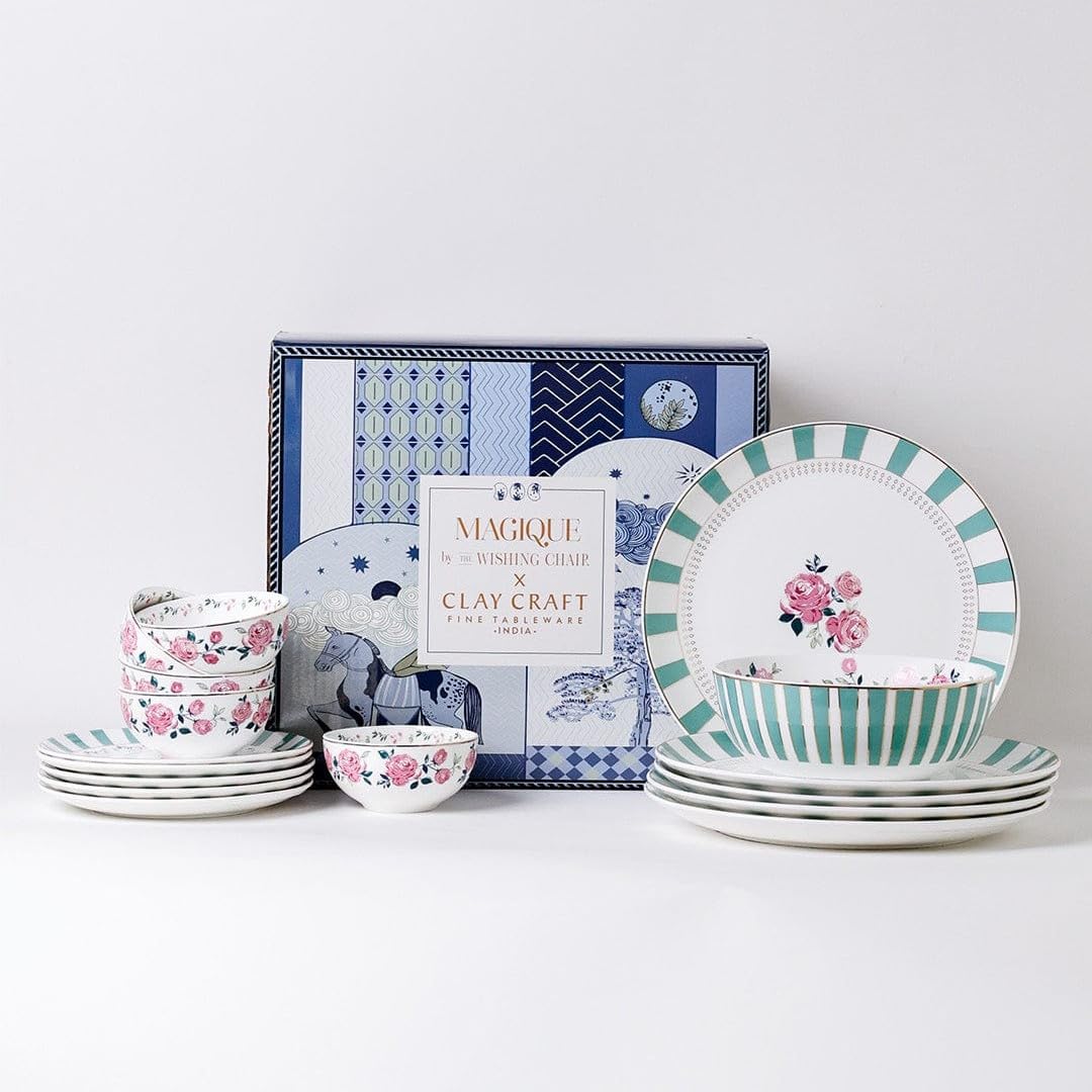 Magique by The Wishing Chair x ClayCraft : Portrait of a Rose 20-Piece Ceramic Dinner Set with Gold | Elegant Floral Plates & Bowls | Glossy Finish | Ideal for Parties & Festive Dining