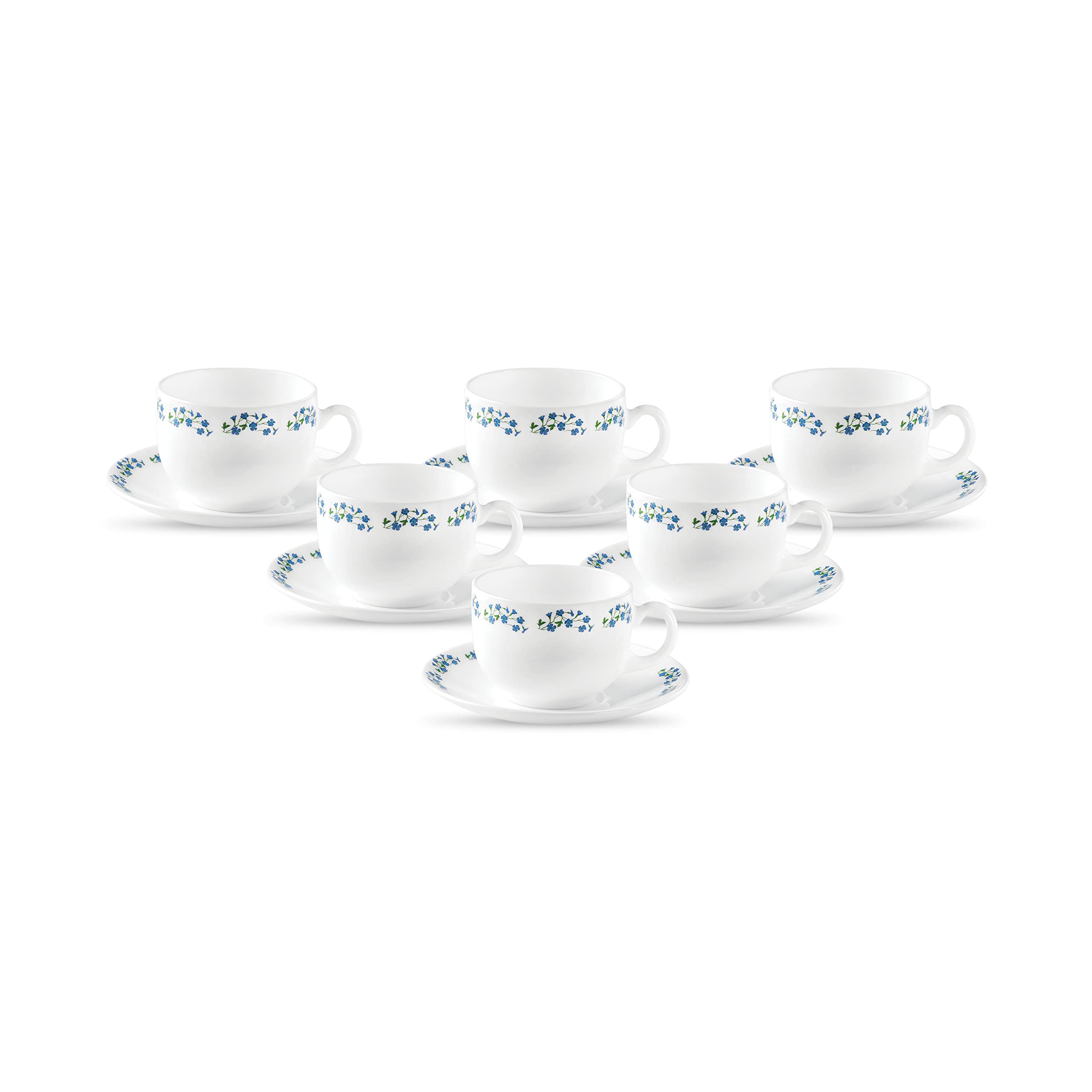 La Opala Diva, Opal Glass Crockery | Cup & Saucer Iris Regular, Set of 12 | Grace Blue, 160 ml | for Tea & Coffee | Microwave Safe | 100% Vegetarian | Extra Strong | Super Light | Super White