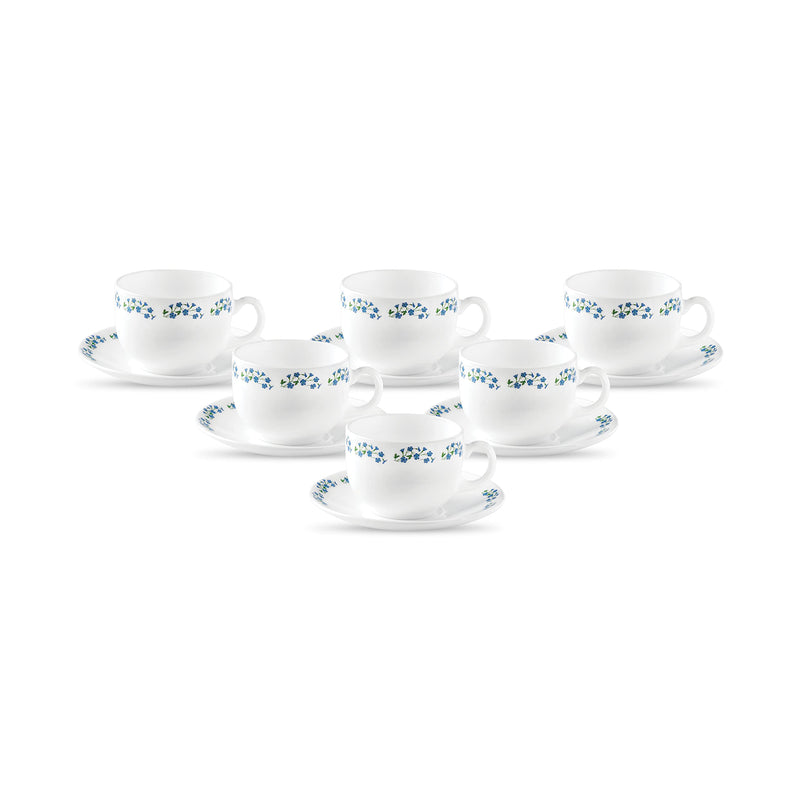 La Opala Diva, Opal Glass Crockery | Cup & Saucer Iris Regular, Set of 12 | Grace Blue, 160 ml | for Tea & Coffee | Microwave Safe | 100% Vegetarian | Extra Strong | Super Light | Super White