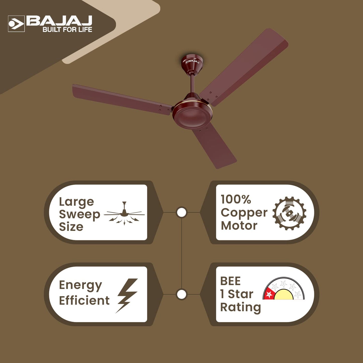 Bajaj Robusta 12S1 1200MM 1 Star Rated Ceiling Fans For Home | BEE Stars Rated Energy Efficient Ceiling Fan | Surgeprotekt Motor | 2 Years Warranty 【Base Brown】