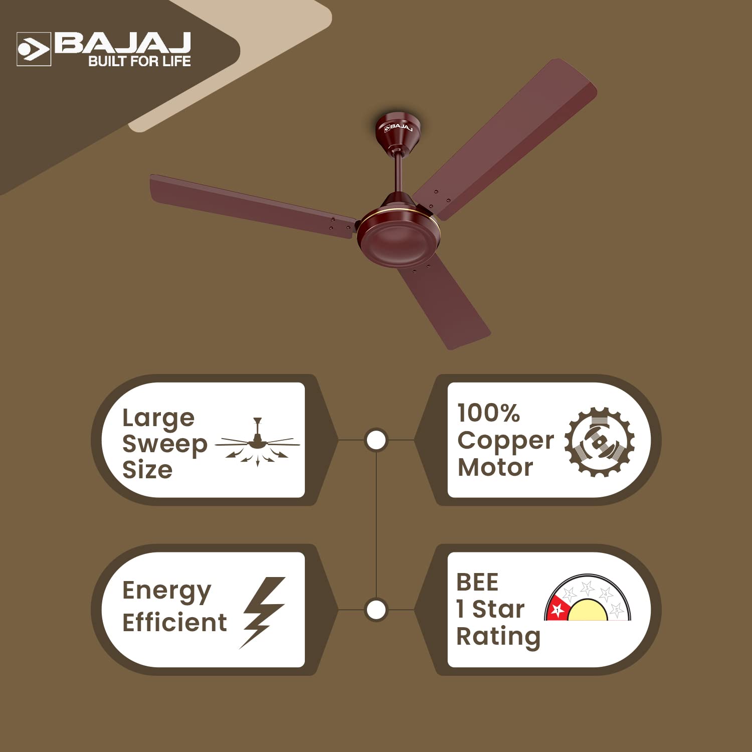 Bajaj Robusta 12S1 1200MM 1 Star Rated Ceiling Fans For Home | BEE Stars Rated Energy Efficient Ceiling Fan | Surgeprotekt Motor | 2 Years Warranty 【Base Brown】