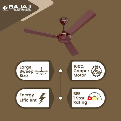 Bajaj Robusta 12S1 1200MM 1 Star Rated Ceiling Fans For Home | BEE Stars Rated Energy Efficient Ceiling Fan | Surgeprotekt Motor | 2 Years Warranty 【Base Brown】
