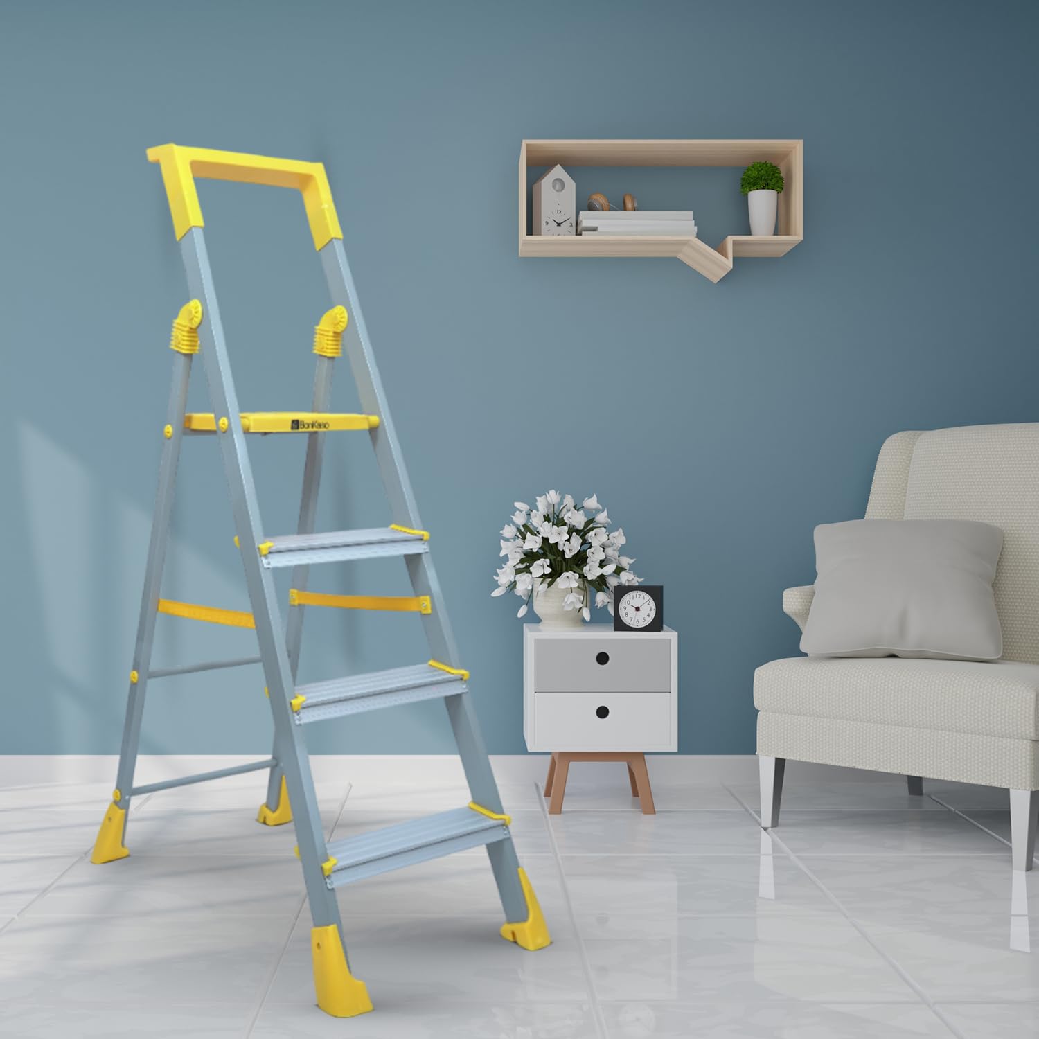 BonKaso Climb Lite Pro+ 4 Step Foldable Ladder with Tool Tray (89.8W x 137H Cm)| Heavy-Duty, Anti-Slip & Firm Grip, Load Capacity Upto 120kg | Durable & Portable (Aluminium Step, Yellow & Satin)