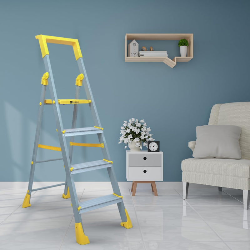 BonKaso Climb Lite Pro+ 4 Step Foldable Ladder with Tool Tray (89.8W x 137H Cm)| Heavy-Duty, Anti-Slip & Firm Grip, Load Capacity Upto 120kg | Durable & Portable (Aluminium Step, Yellow & Satin)